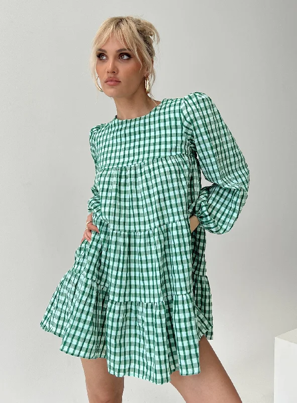 Women's Resort Apparel Tropical Island - Inspired Attire Miami Long Sleeve Mini Dress Green Check