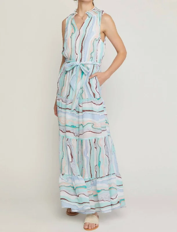 Comfortable Lounge Clothing Sleeveless Tiered Maxi Dress In Green Abstract Print