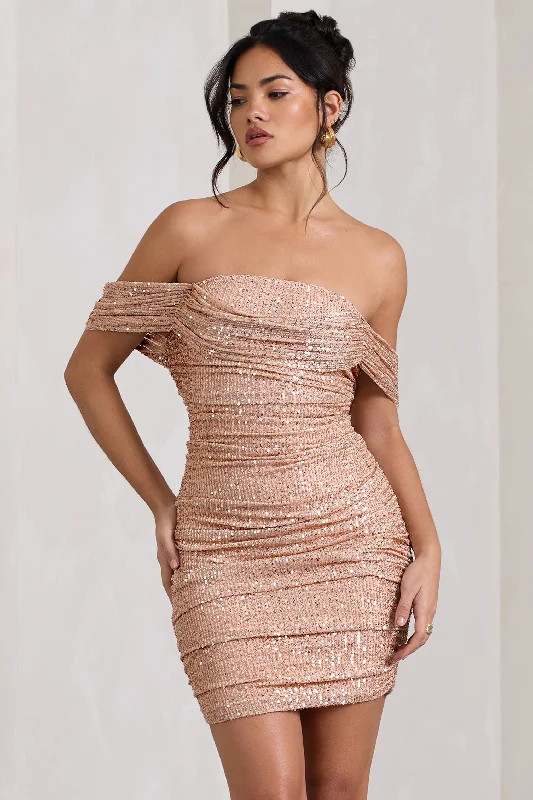 Women's Clothes For Outdoor Events Light Up | Gold Sequin Bardot Mini Dress With Drape Detail