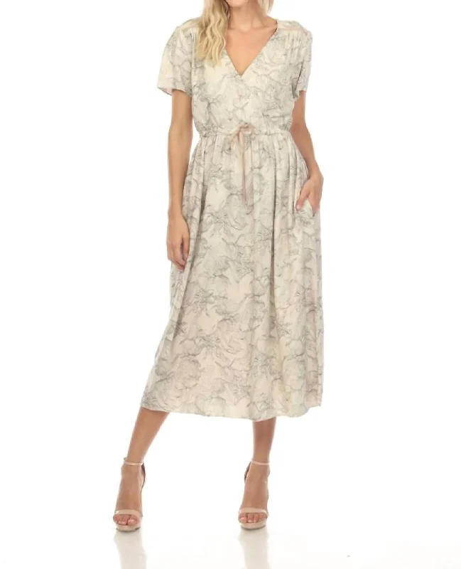 Women's Comfortable Lounge Outfit Etched Floral Wrap House Dress In Natural Multi