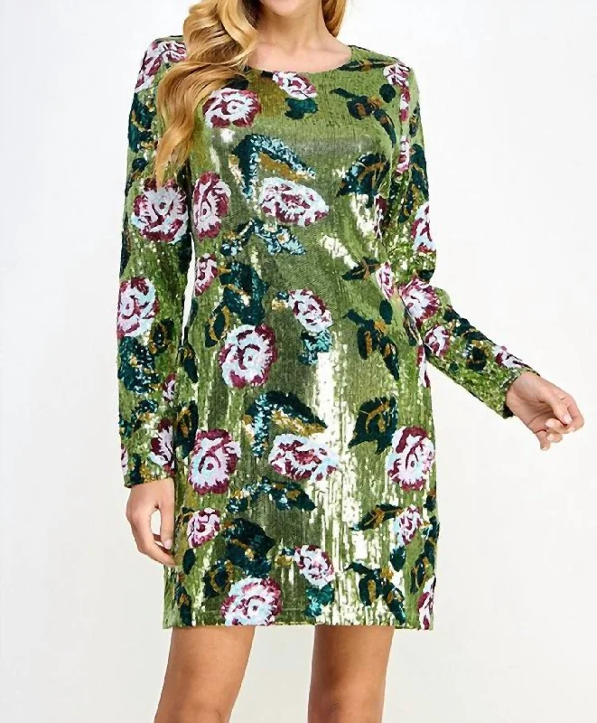 Women's Layered Outfit Floral Sequin Long Sleeve Mini Dress In Green