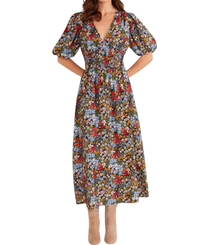 Women's Travel Outfit Set Josie Puff Sleeve Midi Dress In Fall Ditsy Floral