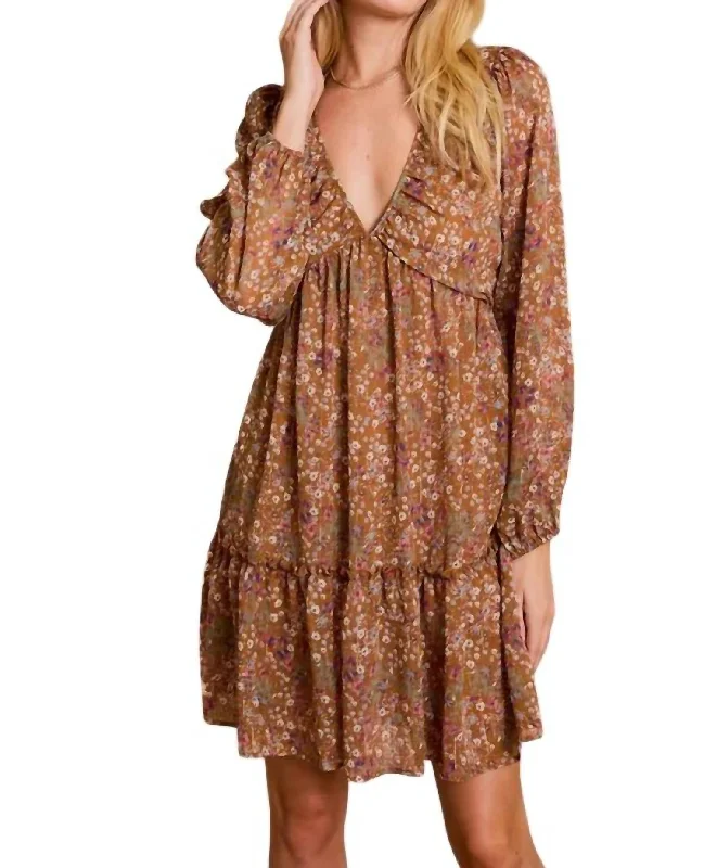 Women's Night-Out Outfit Shirring Floral Print Dress In Mocha