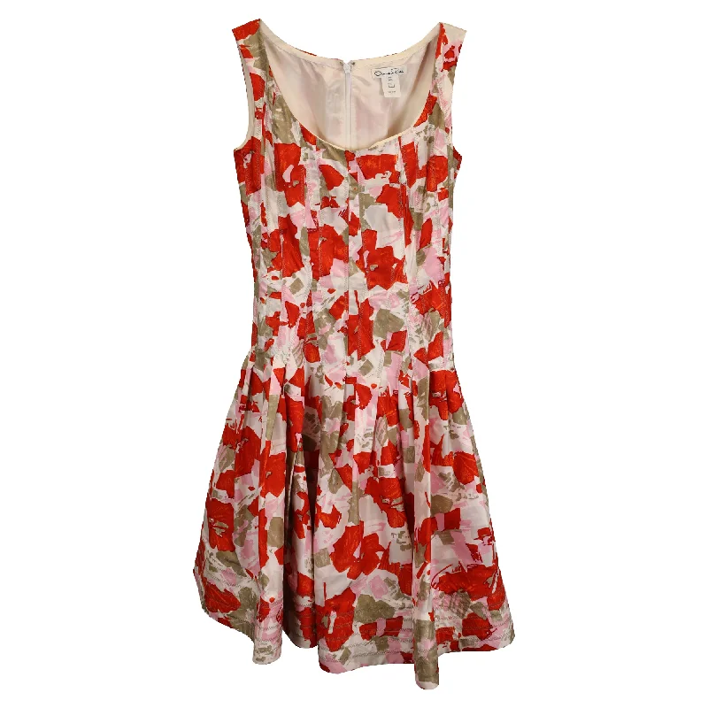 Women's Outerwear Attire Oscar de la Renta Square Neck Floral Print Dress in Red Silk