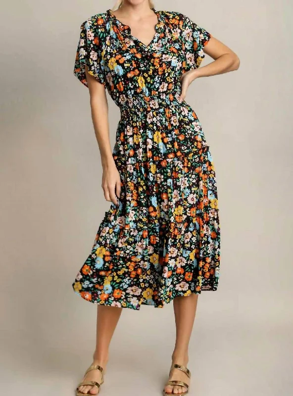 Timeless Women's Outfit Dreamy Draping Floral Print Midi A-Line Dress In Multi