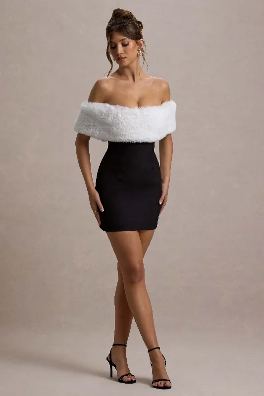 Women's Elegant Garments Little Luxe | Black Bardot Mini Dress With White Fur Trim