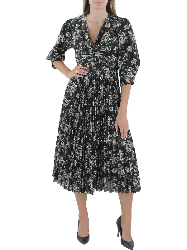 Modern Women's Attire Womens Floral Print Faux Wrap Midi Dress