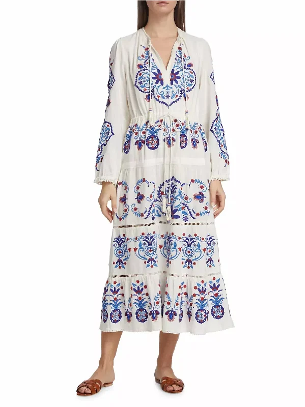 Women's Clothing Outfit Set Linen-Blend Embroidered Midi Dress In Off-White Navy