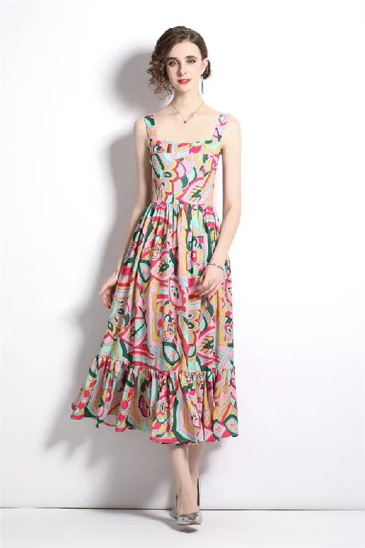 Women's Fashion Clothes Multicolor Day A-line Strap Printed Maxi Dress