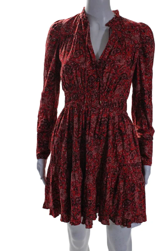 Women's Formal Event Attire Ulla Johnson Womens Floral Print Long Sleeves A Line Dress Red Cotton