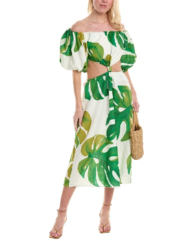 Women's Elegant Evening Outfit FARM Rio Monstera Cutout Waist Linen-Blend Midi Dress