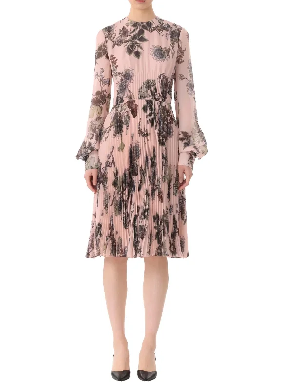 Trendy Athleisure Clothing For Women Forest Floral Long Sleeve Pleated Dress In Rose/pink