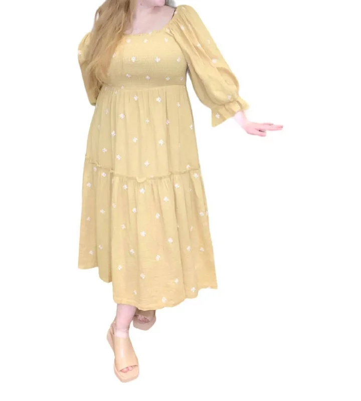 Classic Women's Apparel Buttercup Floral Embroidery Dress In Yellow