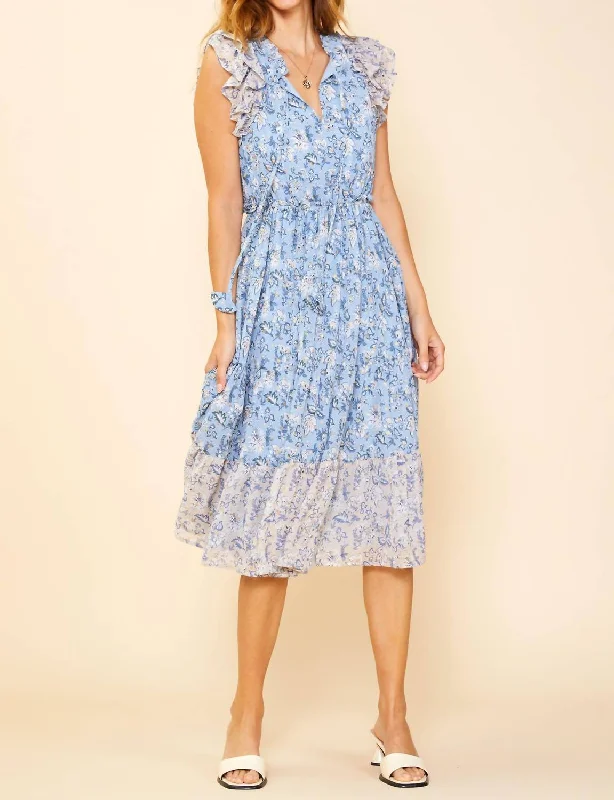 Women's Work Apparel Floral Dress In Dusty Blue Cream