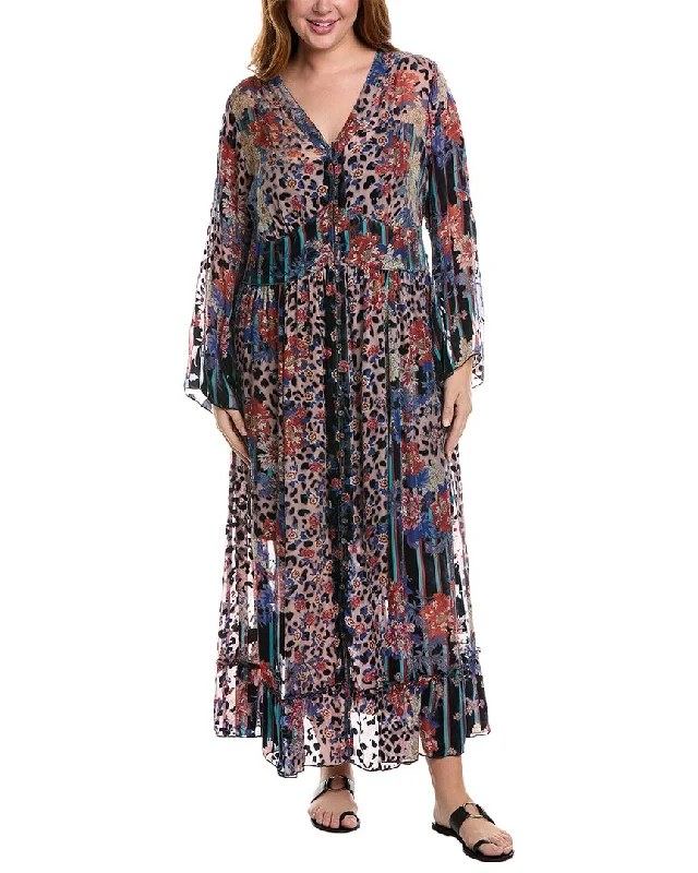 Women's Vintage Attire Johnny Was Plus Ontar Beesley Silk-Blend Maxi Dress