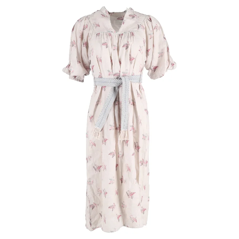 Women's Holiday Outfit Zimmermann Floral Print Midi Belted V-Neck Dress in Multicolor Linen