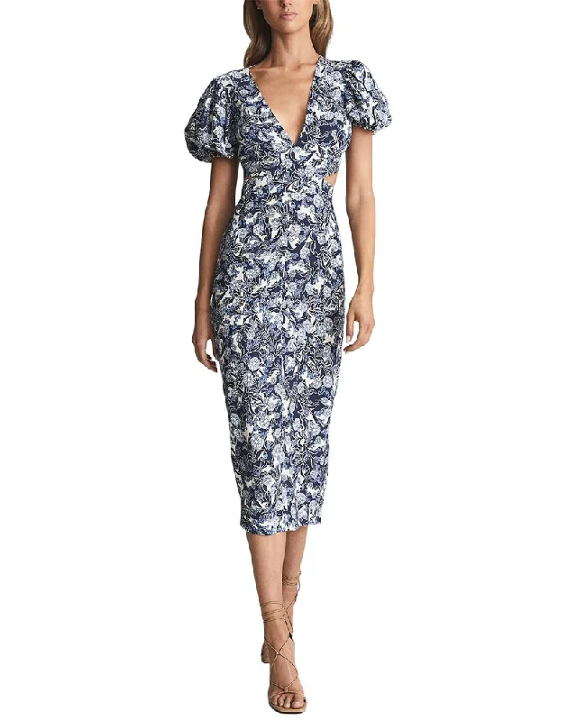 Women's Holiday Attire Reiss Jennah Print Printed Puff Sleeve Midi Dress