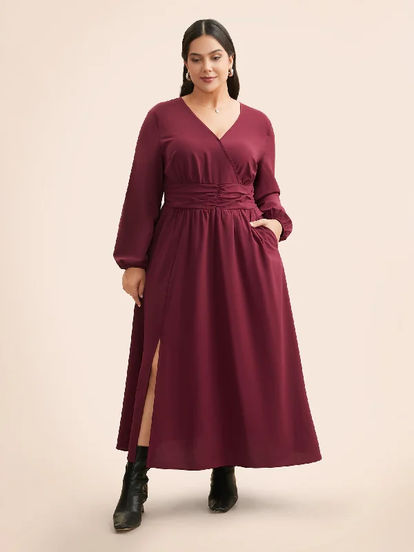 Women's Holiday Clothing Luxe Layering Overlap Collar Ruched Lantern Sleeve Maxi Dress