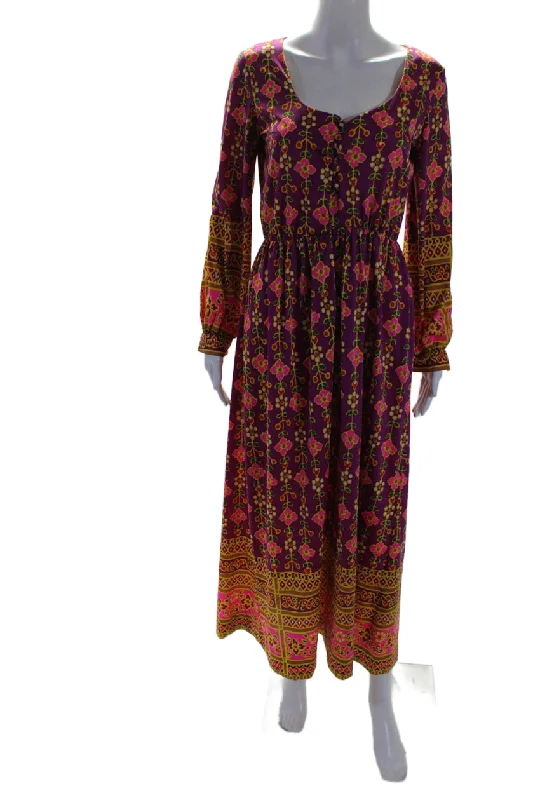 Women's Athletic Outfit Oscar de la Renta Womens V Neck Long Sleeve Floral Maxi Dress Purple