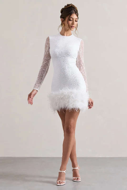 Vintage-Inspired Garments Mariana | White Lace Long-Sleeve Mini Dress With Feather Trim