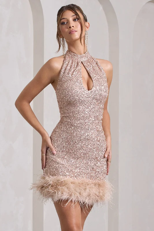 Women's High-Fashion Clothes Tillie | Champagne Sequin High Neck Trapeze Mini Dress With Feather Hem Detail