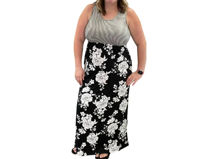 Women's Functional Outfit For Outdoor Activities Bold Patterns Floral Tank Maxi Dress In Black/white