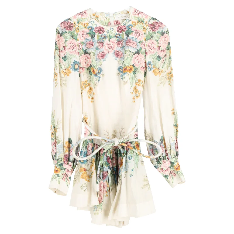 Women's Elegant Outfit Zimmermann Floral Print Mini Belted Long Sleeve Dress in Multicolor Linen