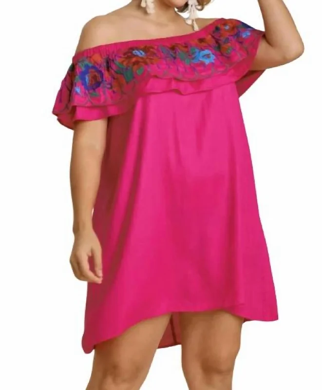 Women's Holiday Clothing Floral Embroidered Ruffled Dress In Fuchsia