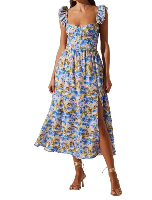 Women's Casual Wear Clothes Wedelia Floral Bustier Ruffle Midi Dress In Yellow Blue Flora