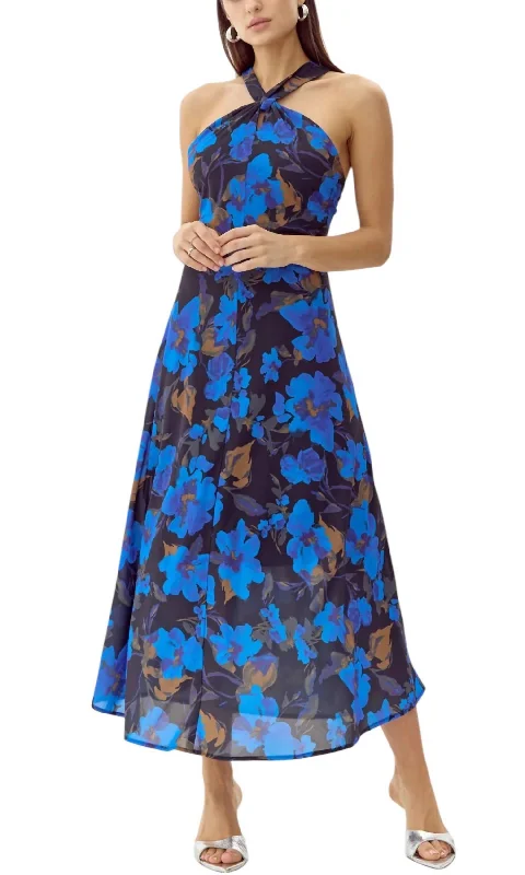 Modern Women's Apparel Anastasia Floral Halter Dress In Blue