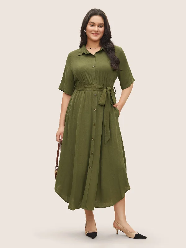 Women's Vintage-Inspired Clothing Solid Button Pocket Shirt Collar Belted Maxi Dress