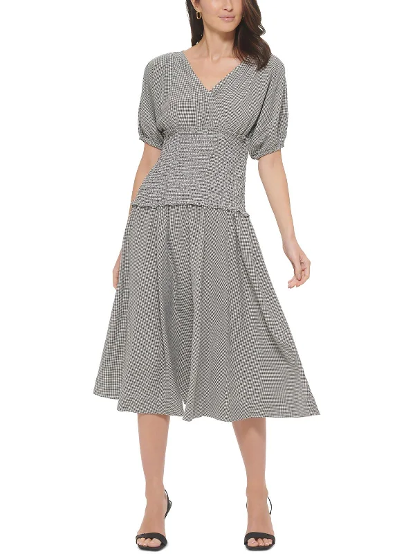 Women's Professional Clothes Womens Surplice Puff Sleeves Midi Dress