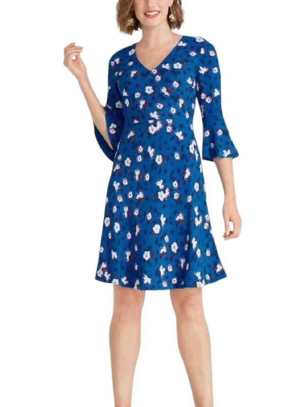 Women's Professional Apparel Floral A-Line Bell Sleeve Dress In Royal Blue