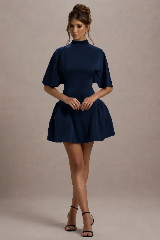 Women's Weekend Outfit Alva | Navy High-Neck Short-Sleeve Mini Dress With Volume Skirt