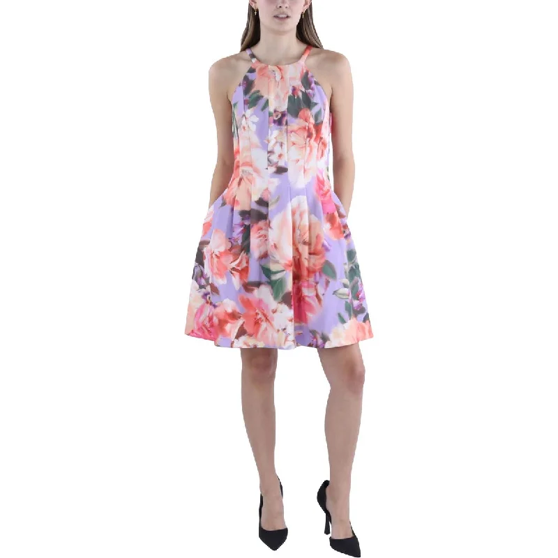 Women's Everyday Attire Petites Womens Floral Print Mini Fit & Flare Dress