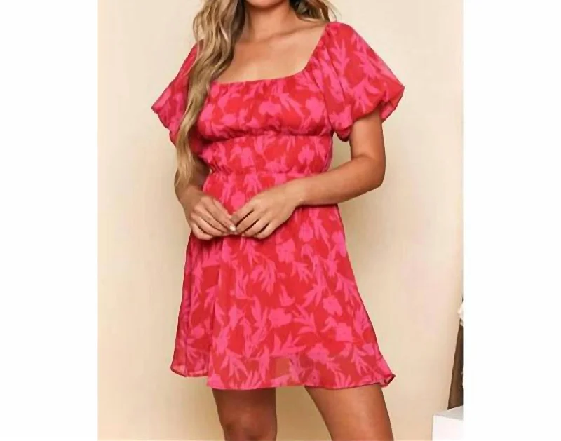 Women's Stylish Casual Garments Floral Dress In Red And Fuchsia