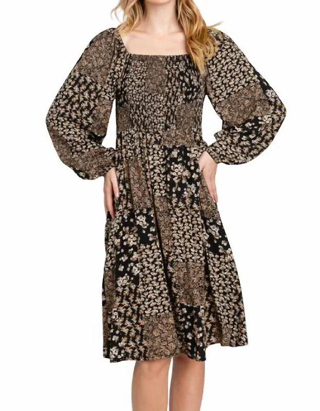 Casual Clothes For Women Smocked Floral Long Sleeve Dress In Black/brown