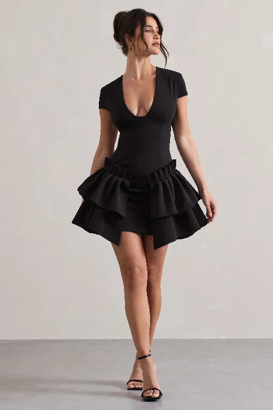 Charming Everyday Clothing For Women Genevieve | Black Plunge-Neck Mini Dress With Layered Hem