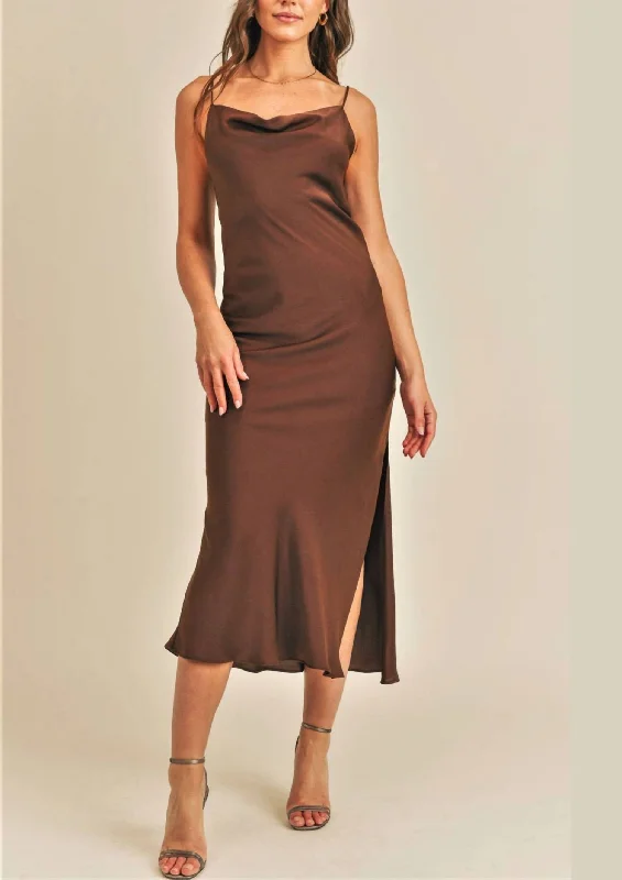 Women's Clothing For Holiday Travel Silky Midi Dress In Brown