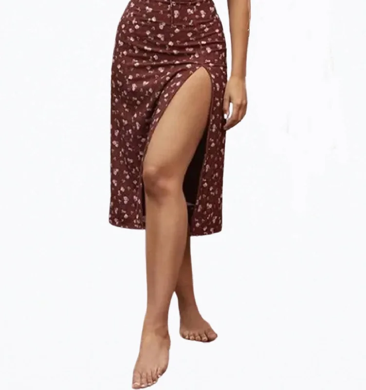 Women's Comfortable Lounge Garments Floral-Print Ruched Satin Slip Midi Dress In Burgundy