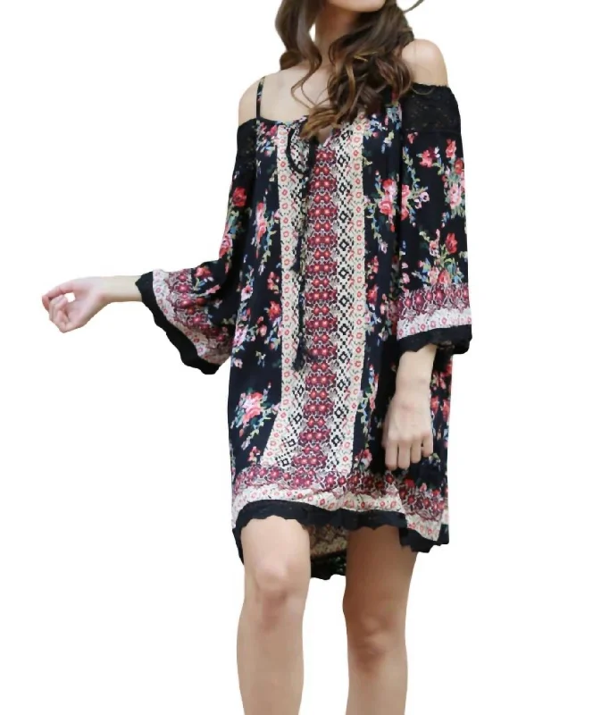 Sustainable Fashion Clothing For Women Floral Twin Print Cold Shoulder Dress In Black