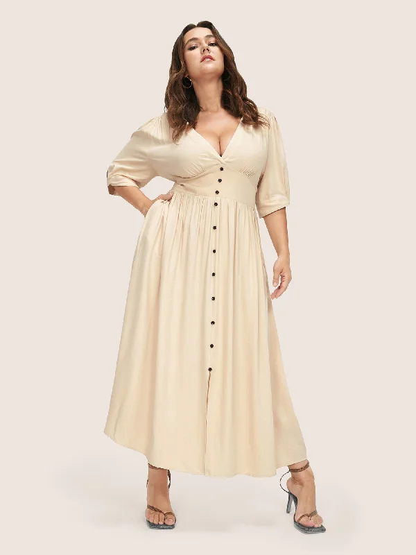 Women's High-End Clothing Plunging Neck Button Detail Pocket Maxi Dress