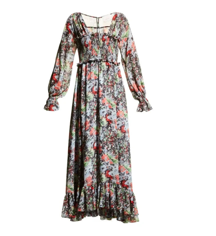 Charming Women's Holiday Apparel Leigh Floral Square Neck Long Sleeve Smocked Maxi Length Dress Multi In Floral/multi