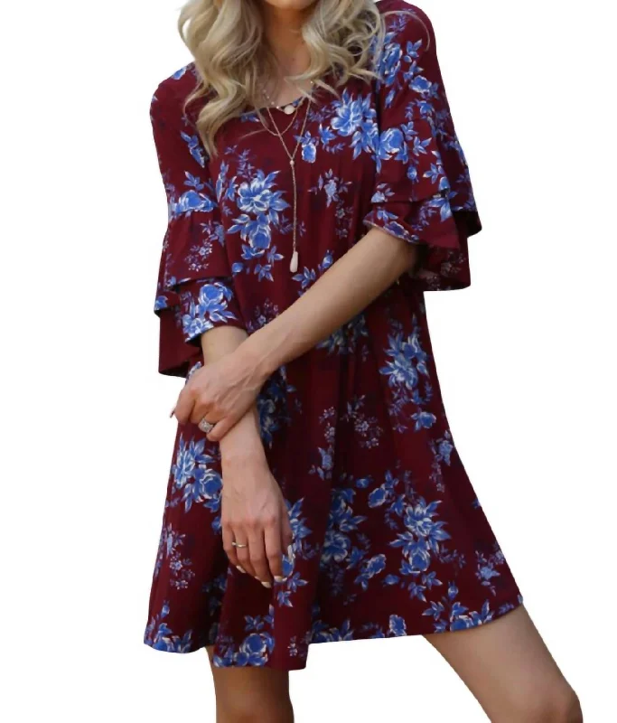 Women's Vintage-Inspired Clothing Floral Double Ruffle Sleeve Dress In Plum