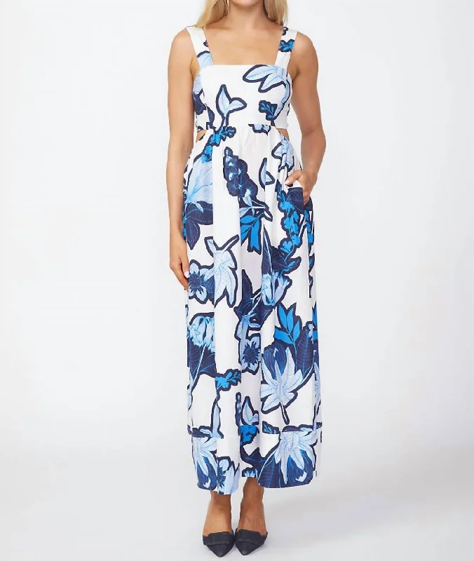 Women's Chic Outfit Tropical Floral Linen Maxi Dress In Sport Blue