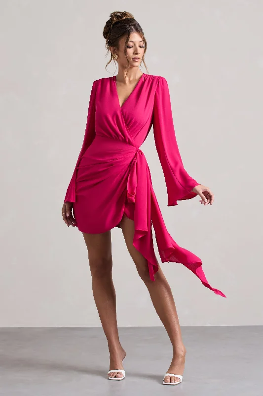 Women's Travel Outfit Set Alinta | Hot Pink Long-Sleeve Wrap Mini Dress