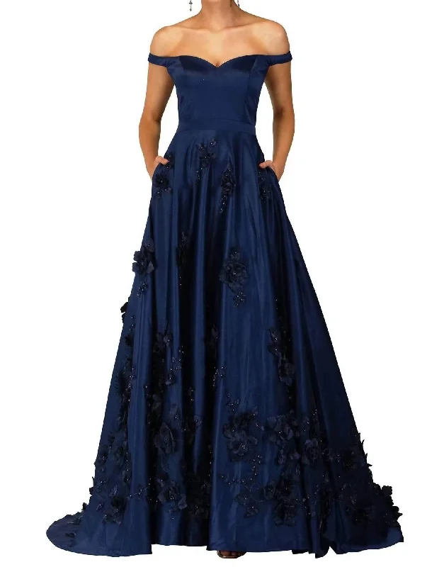 Women's Cozy Winter Attire Semi-Sweetheart Floral A-Line Dress In Navy