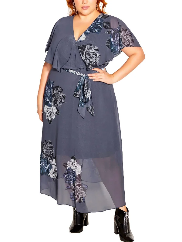 Chic Clothes For Women Flowing Silhouette Womens Faux Wrap Floral Evening Dress