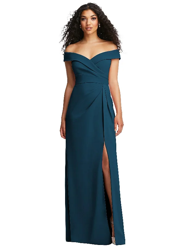 Women's Evening Wear Outfit Cuffed Off-the-Shoulder Pleated Faux Wrap Maxi Dress