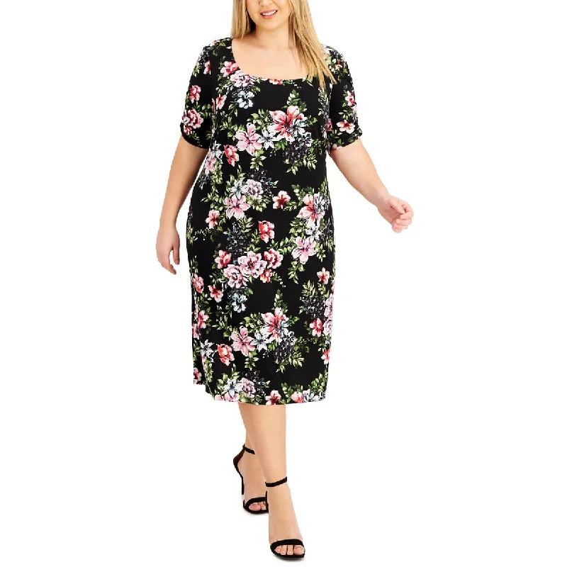 Women's Seasonal Clothing Flash Sale Plus Womens Floral Scoop Neck Midi Dress